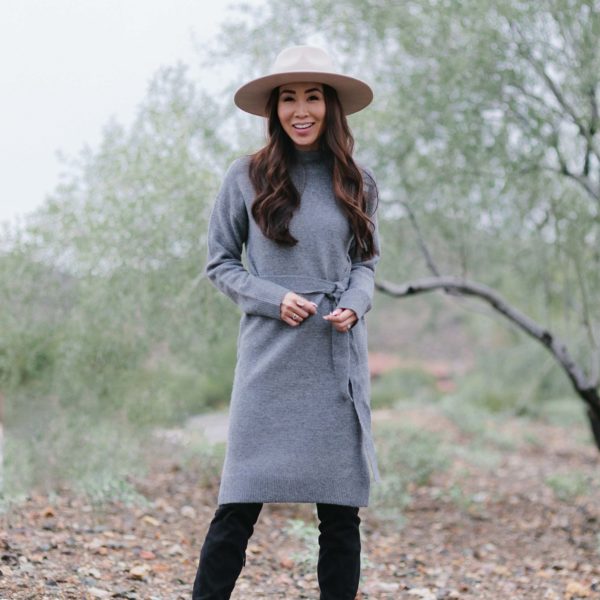 sweater dress mock neck turtleneck and wool hat fall look