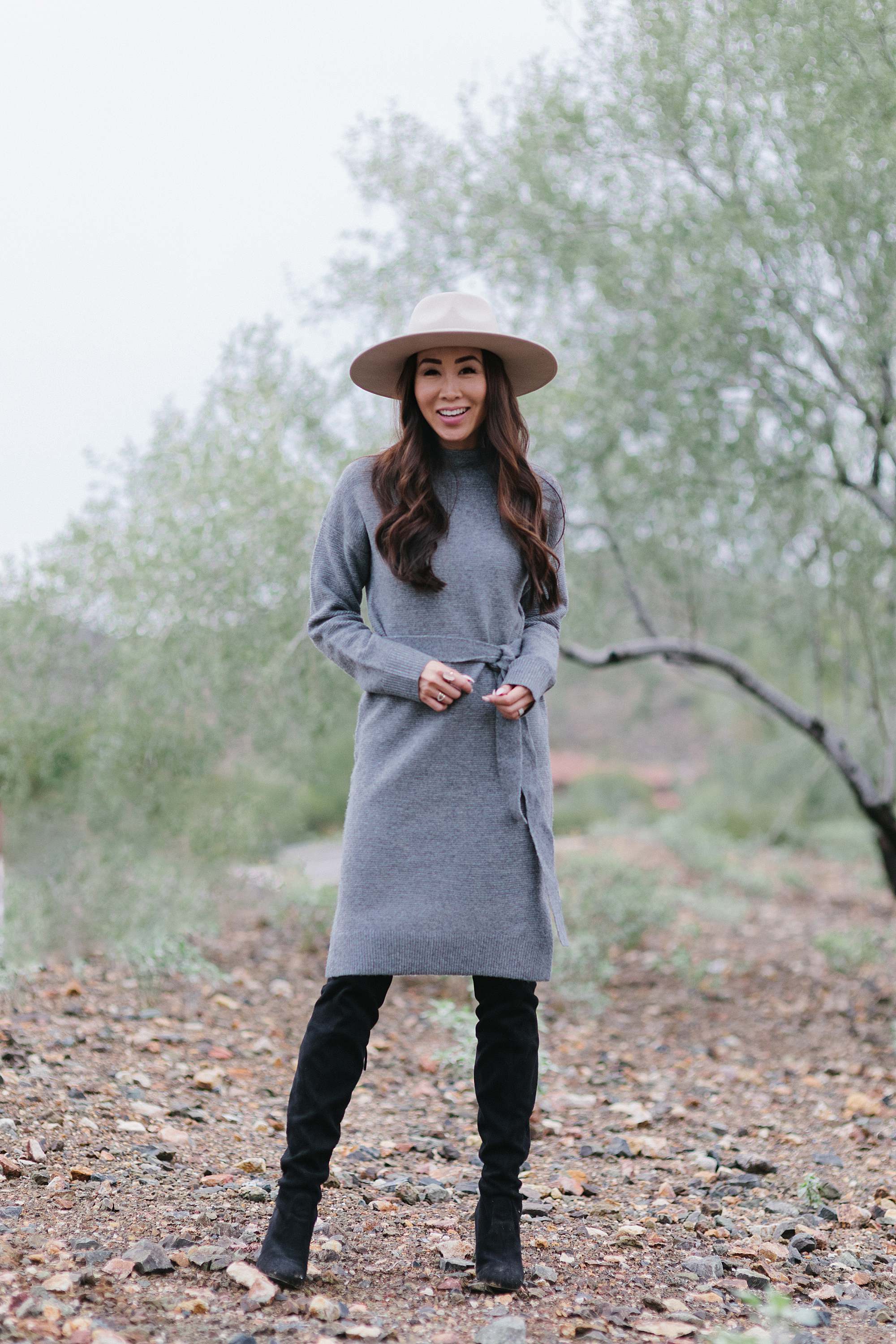 sweater dress outfit idea - sweater dress mock neck turtleneck and wool hat fall look
