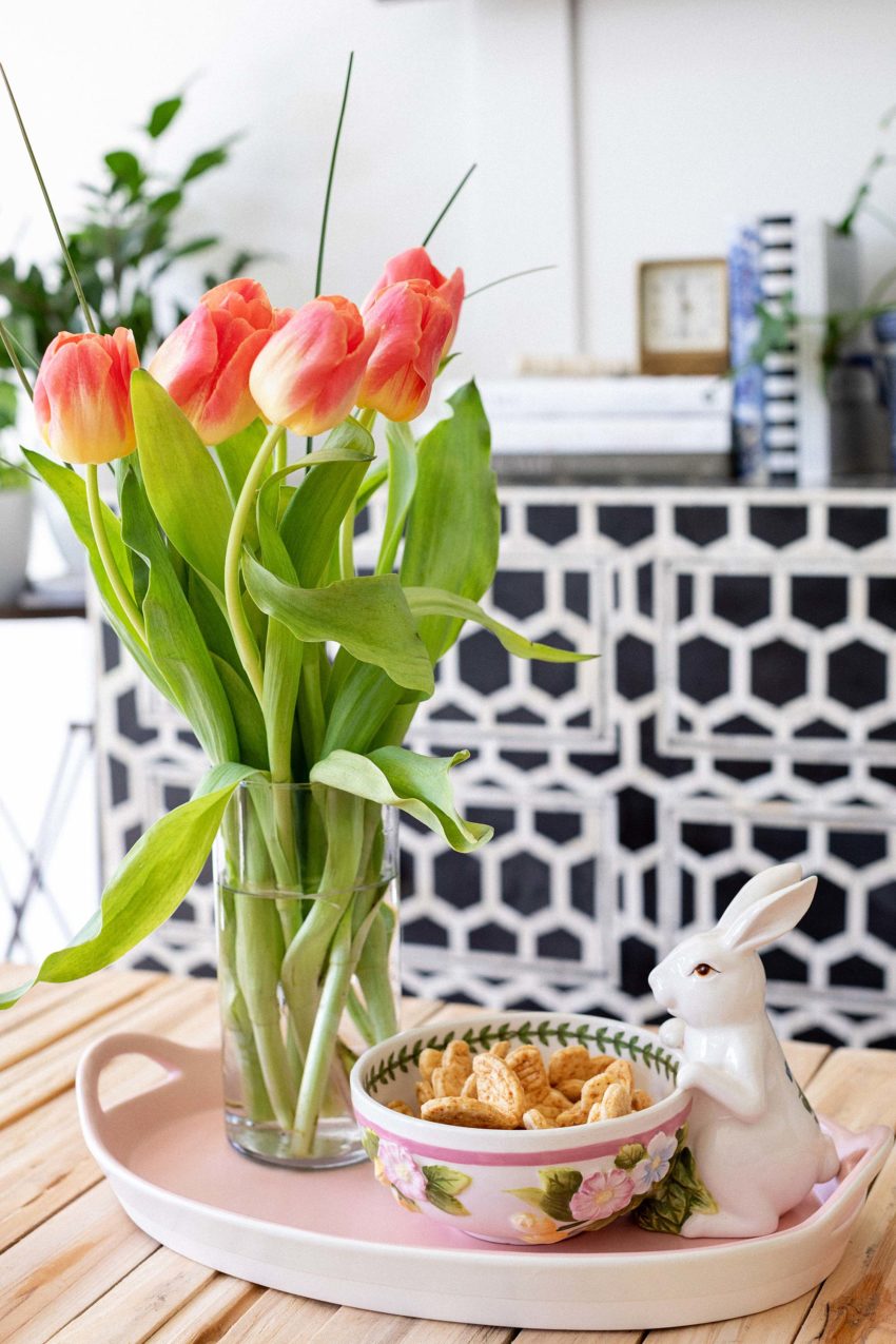 bunny bowl for easter from Macys, tulips on the coffee table, pink tray. interior home blog phoenix arizona