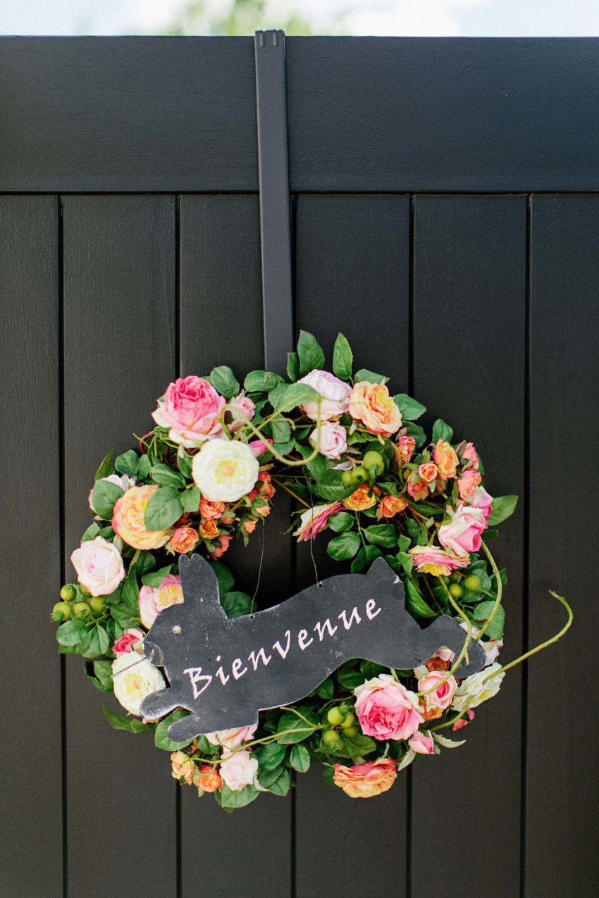 floral like realistic wreath for spring at Macys - black wood side gate, Phoenix Arizona lifestyle home garden blog