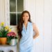 Lilly Pulitzer TISBURY SHIFT DRESS light blue ruffle neck dress details - spring dress looks, lifestyle blogger Diana Elizabeth leaning against the white wall with potted flowers #springdresses #lillypulitzer