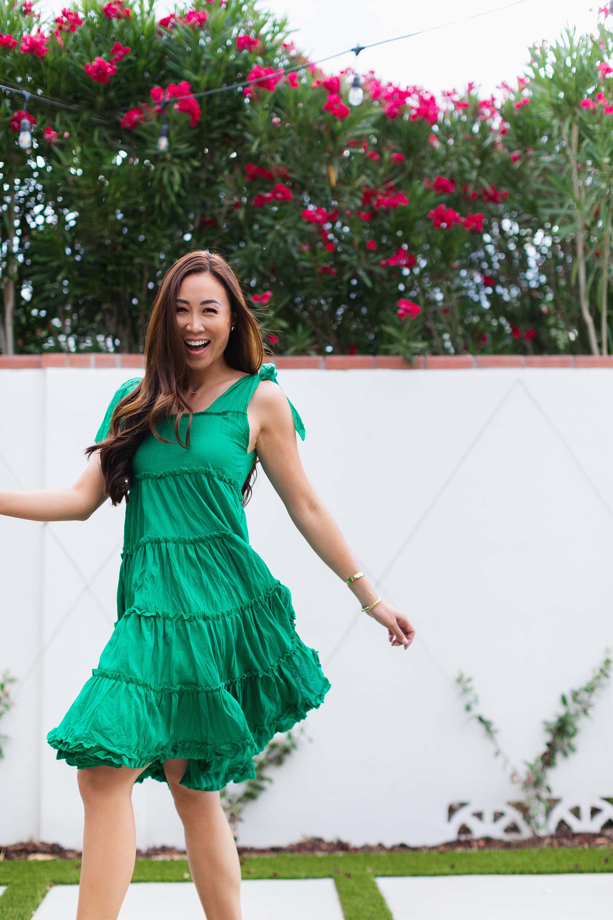 DIY frill dress made from a long skirt sewing adult craft #adultcraft green ruffle dress great for summer