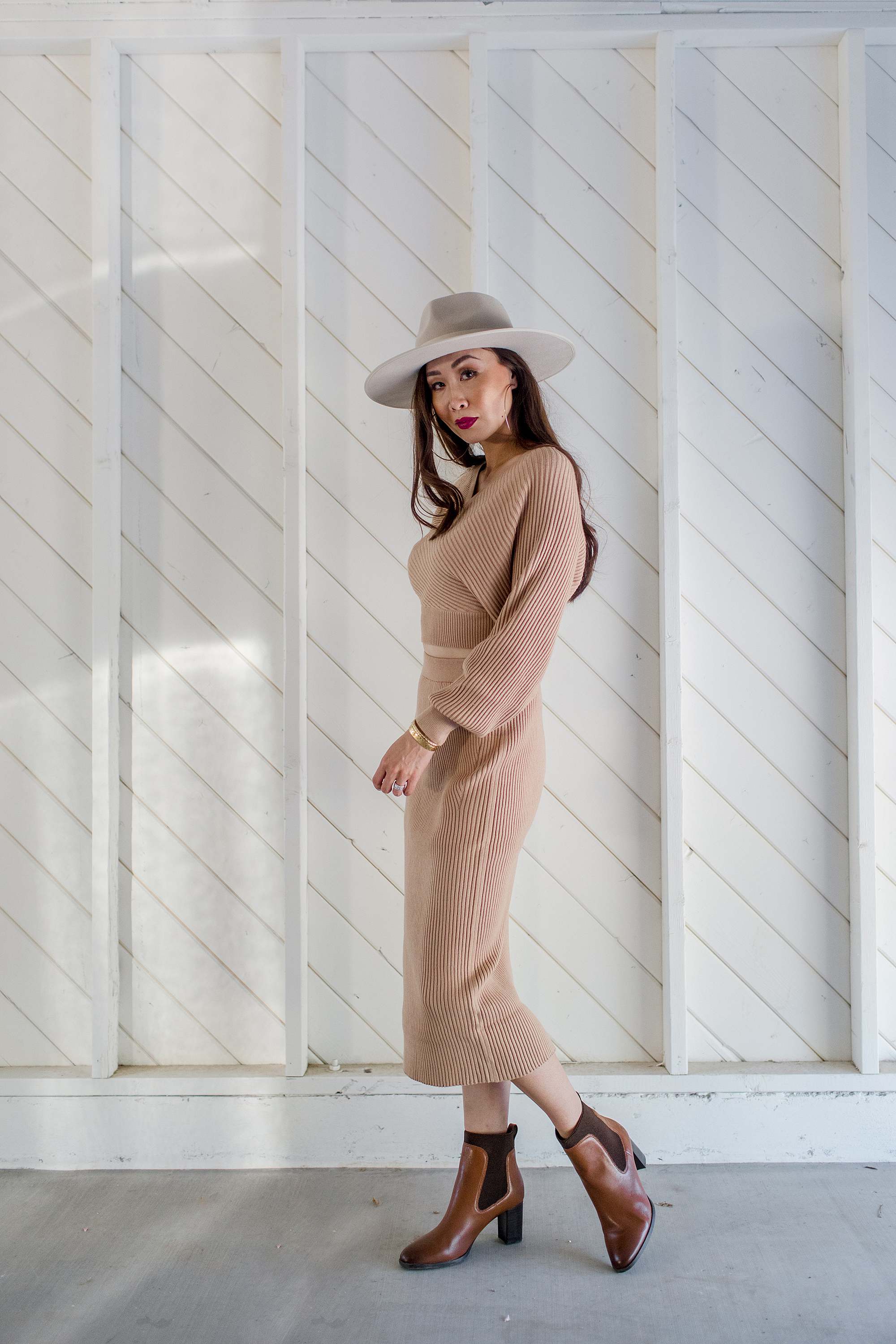 ribbed sweater and dress set for fall and ankle booties look