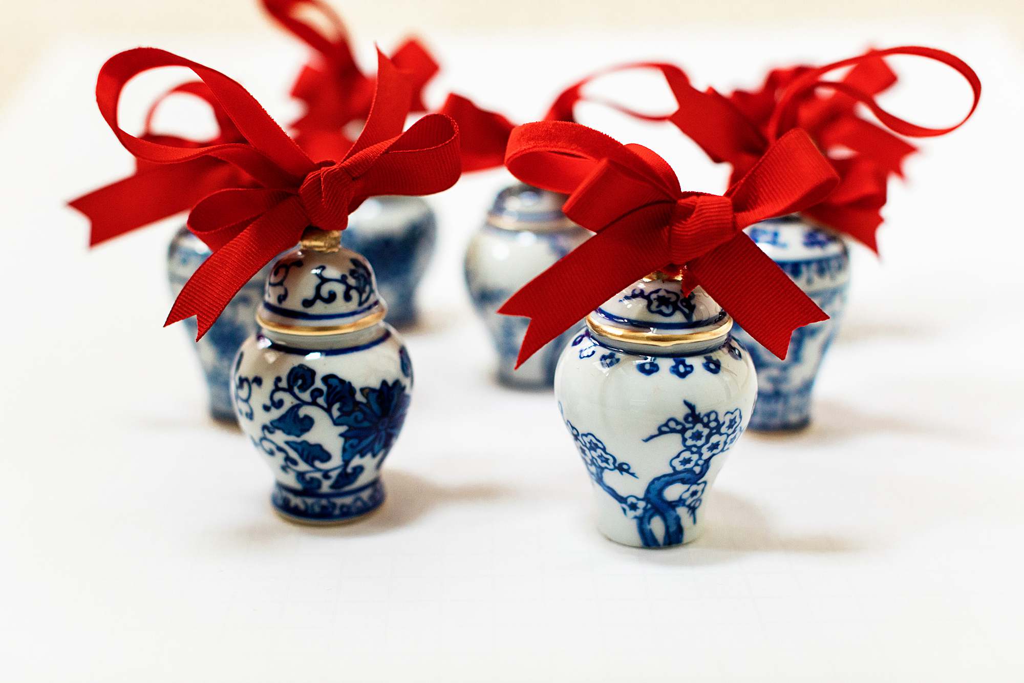 Bandwagon Mini Ginger Jar Ornaments, Set of 4 Porcelain Hanging Ornaments / blue and white christmas chinese jars