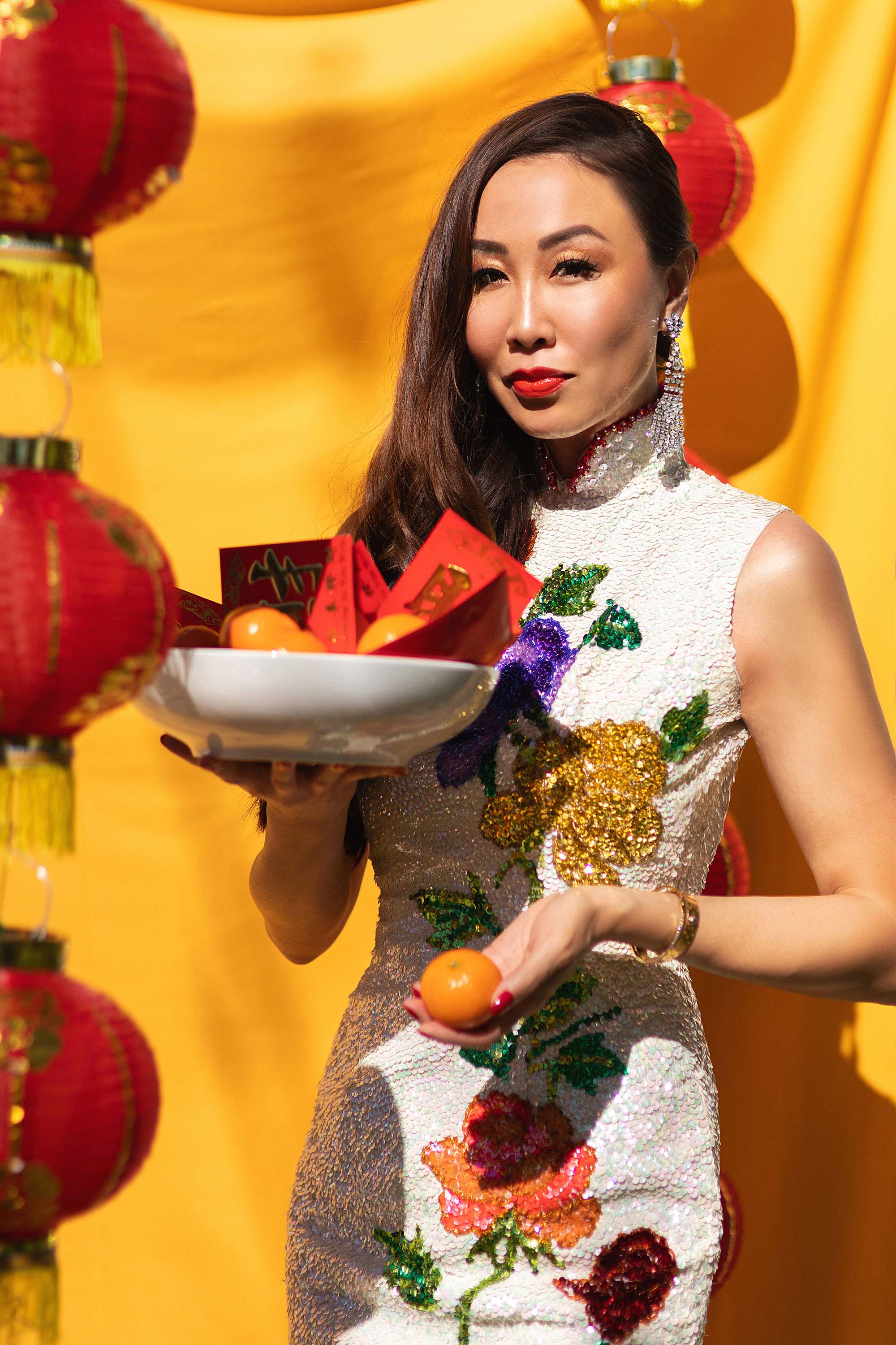 Chinese New Year lunar new year outfit and festivities - growing up Asian American blog post - DianaElizabethblog.com // Chinese girl in traditional sequin Chinese dress (c) Diana Elizabeth Photography, LLC