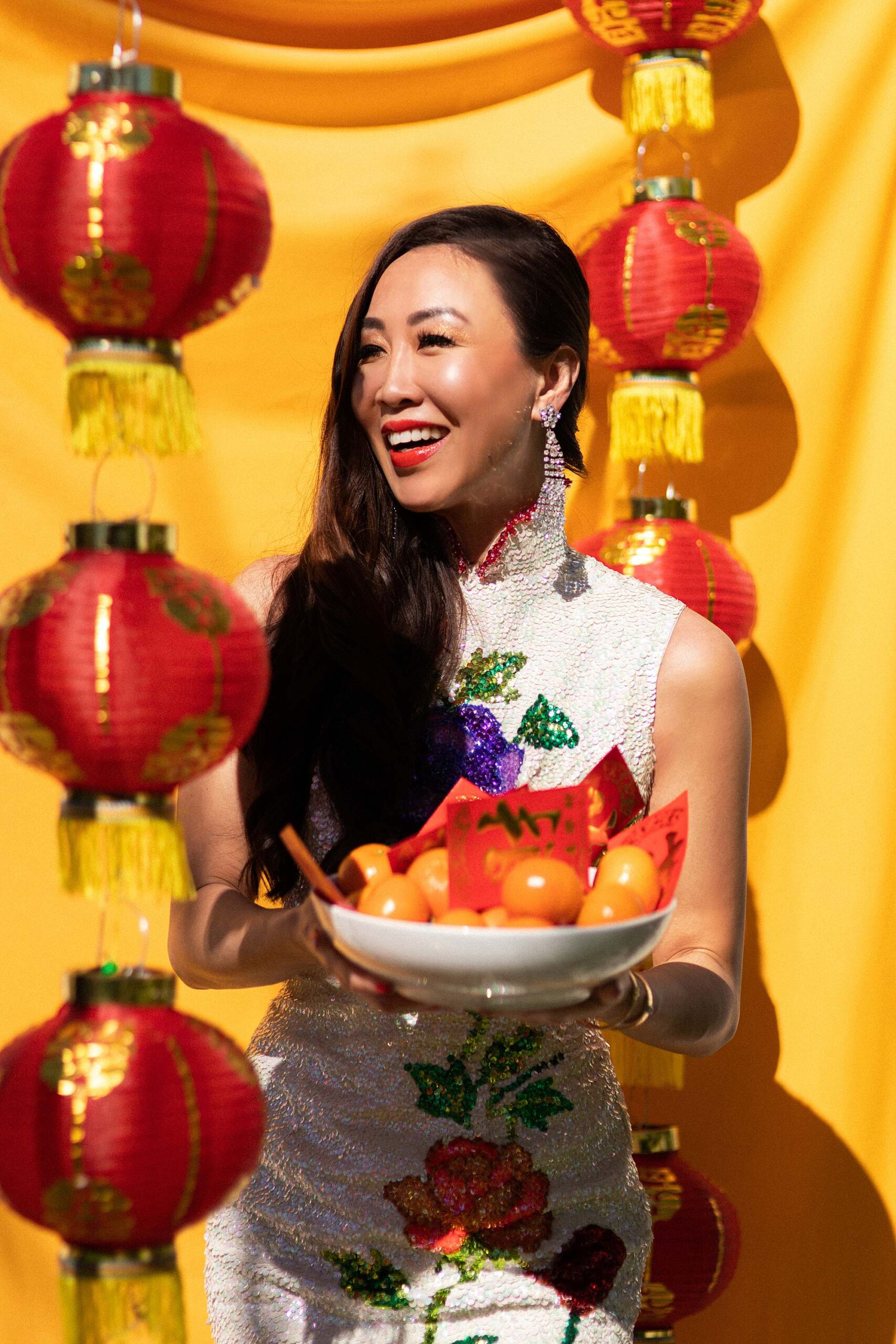 Chinese New Year lunar new year outfit and festivities - growing up Asian American blog post - DianaElizabethblog.com // Chinese girl in traditional sequin Chinese dress
