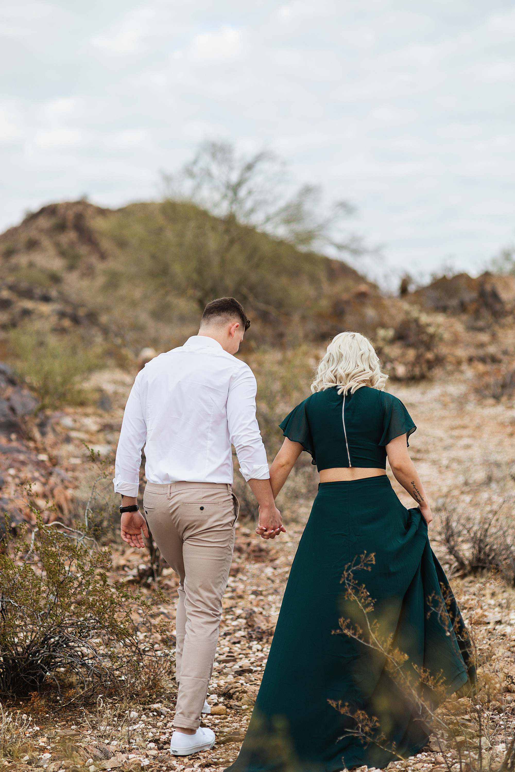 engagement session couple pose Phoenix Arizona engagement photographer green long dress engagement dress wardrobe idea