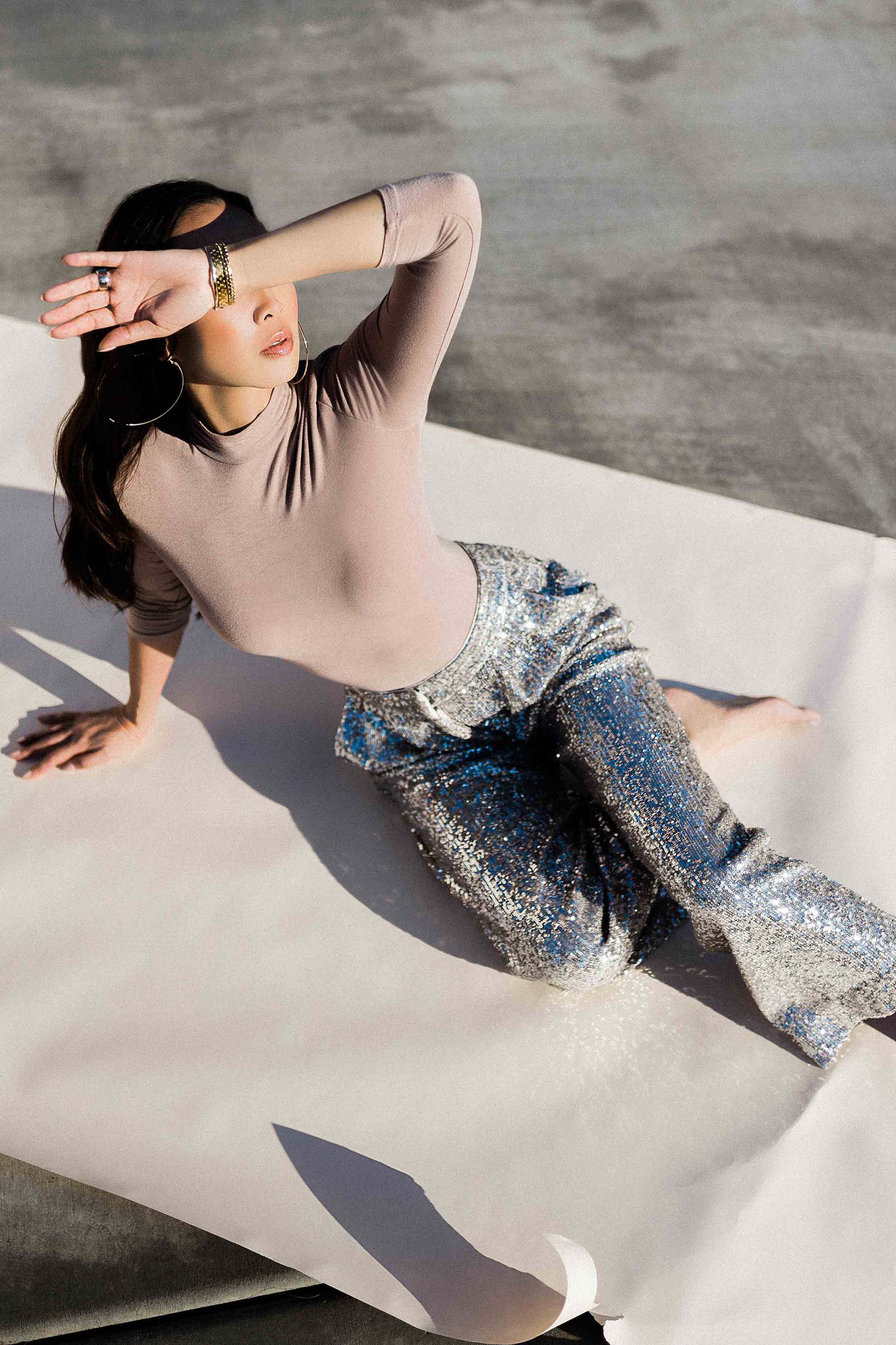 shadow portrait asian model blogger influencer - photo of Diana Elizabeth taken by Autumn Renae // nude bodysuits with sequin pants