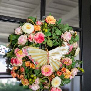 large butterfly Mackenzie-childs decorate for spring, black front door spring wreath ideas DIY