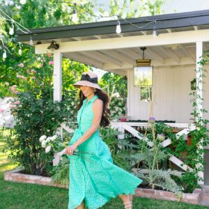 green eyelet dress, chrisella midi eyelet shirtdress by Lilly Pulitzer - women in the garden with gardening hat phoenix Arizona home and garden lifestye blogger