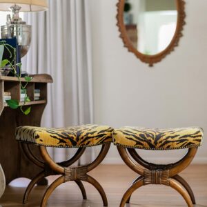 tiger print foot stool ottoman reupholstery vintage antique thrifting footstools DIY