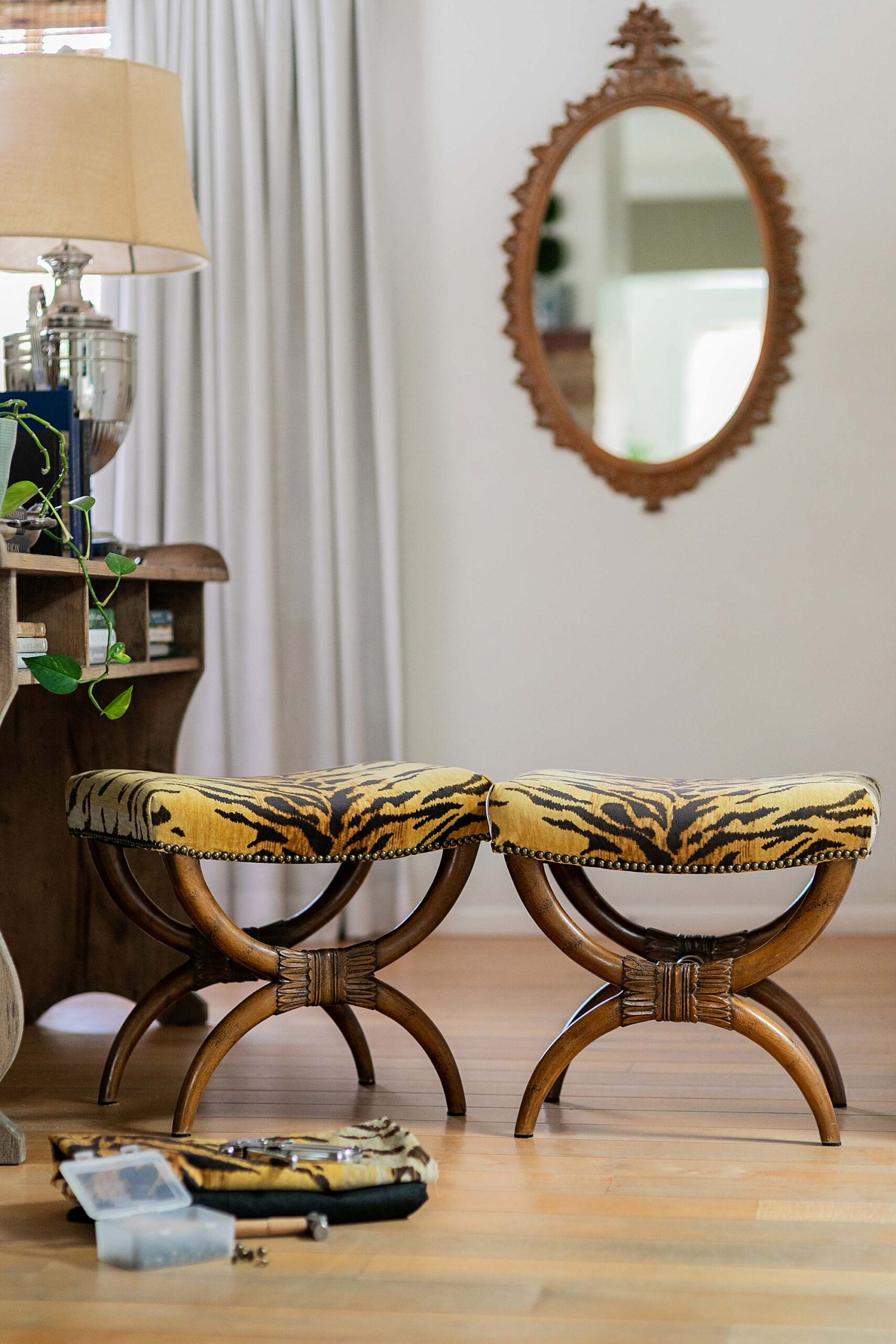 tiger print foot stool ottoman reupholstery vintage antique thrifting footstools DIY