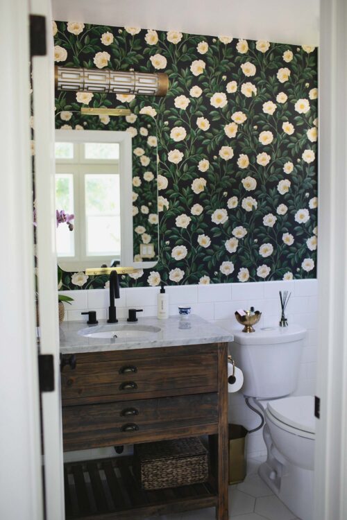 Hampton Roses Wallpaper in the Guest Bath - Diana Elizabeth