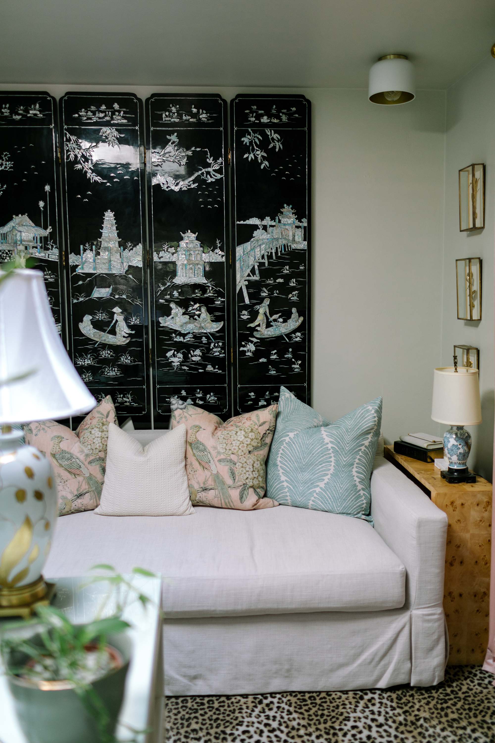 leopard wool carpet in home office mother of pearl oriental screen vintage from eBay grandmillennial style