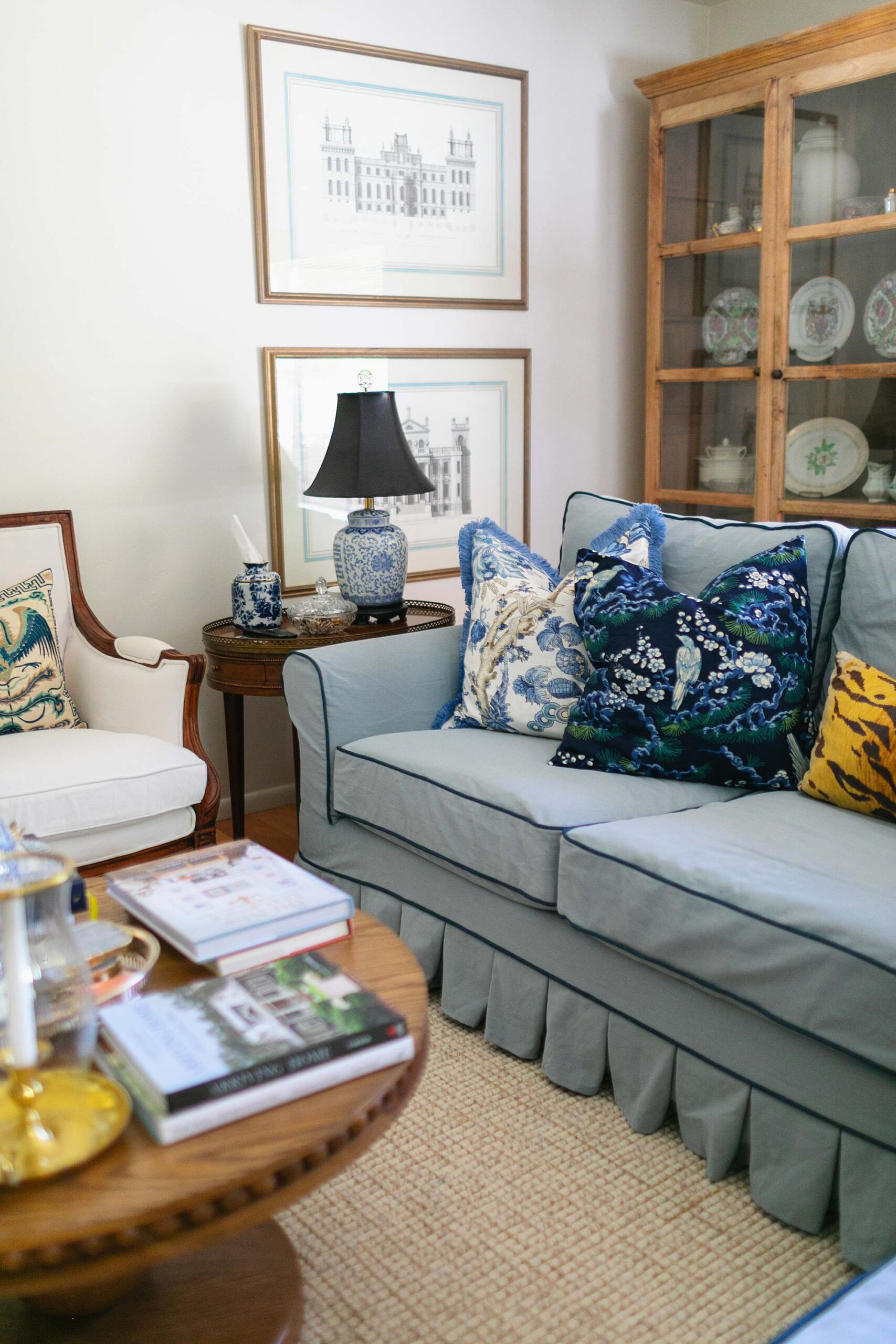 Living-room-blue-couch-pleats-blue-and-white-Diana-Elizabeth ...
