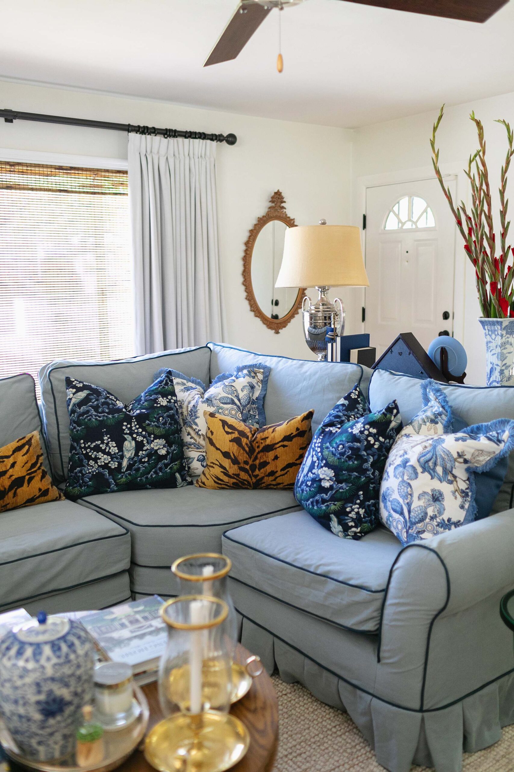 Living-room-blue-couch-pleats-blue-and-white-Diana-Elizabeth ...