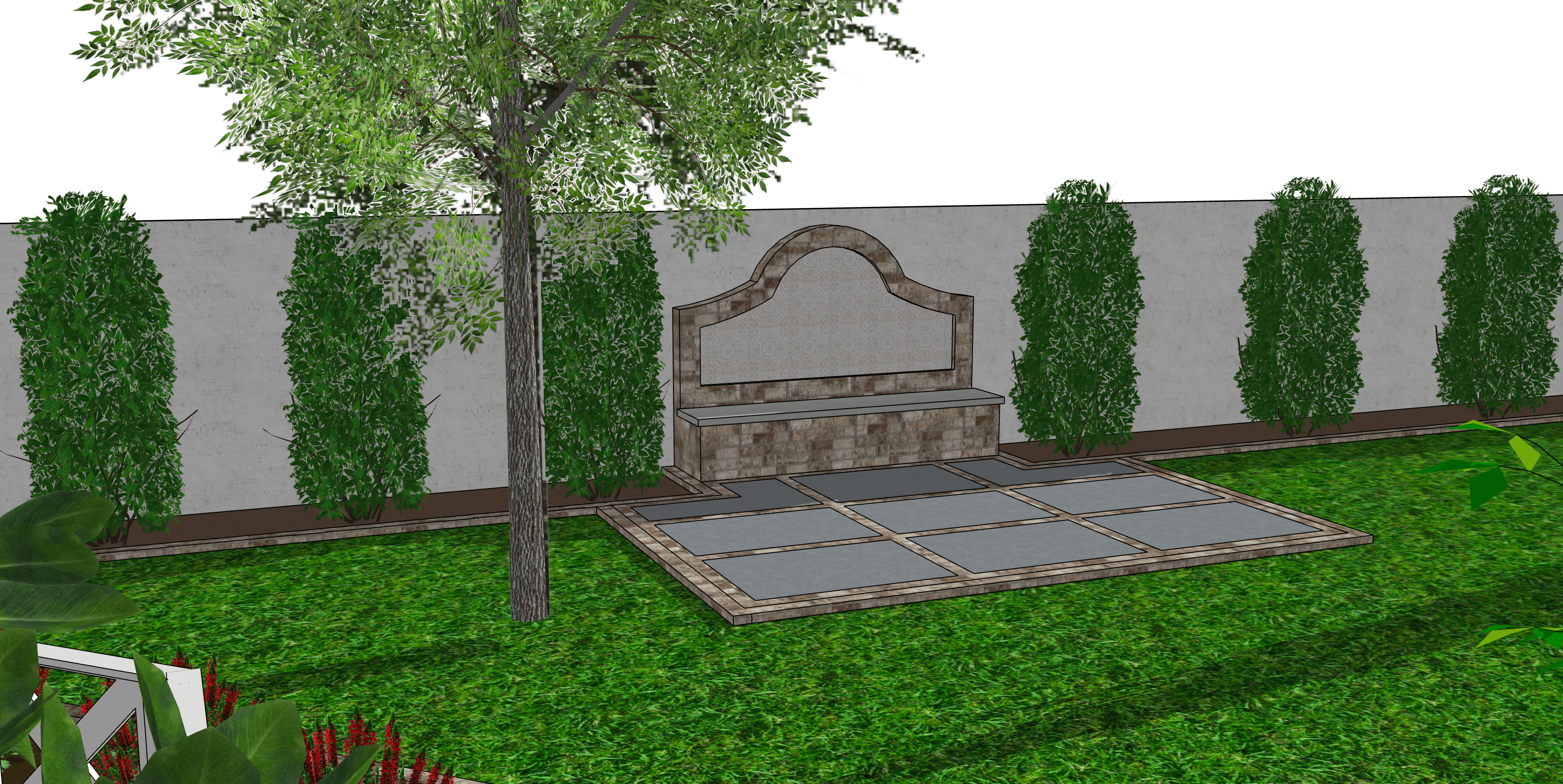 faux fountain seating area landscape rendering