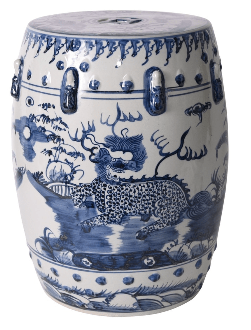 dragon motif blue and white garden stool