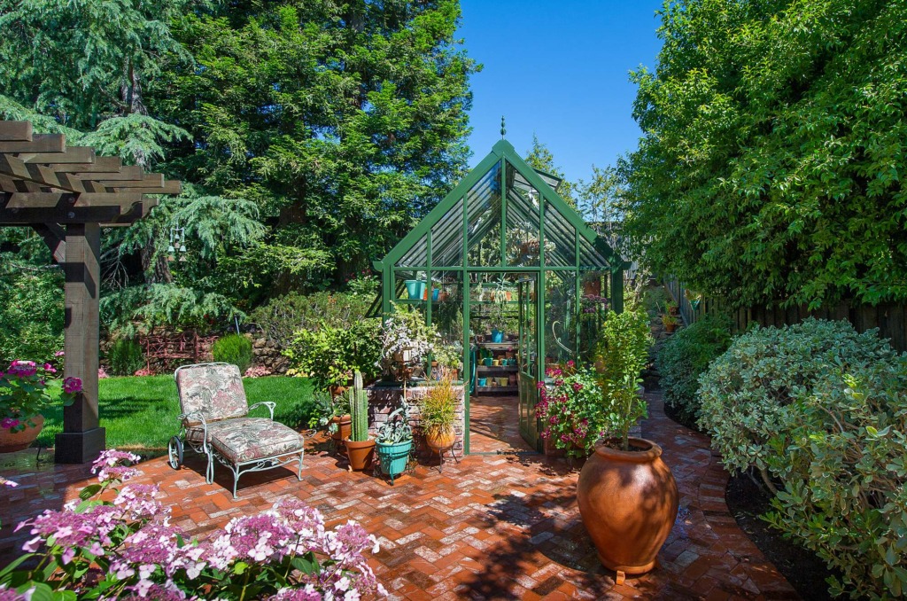Victorian Classic- California, US, green greenhouse glasshouse for backyard or garden inspiration brick patio