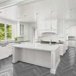 white kitchen gray herringbone pattern floor resilient flooring options responsible environment lasting durable flooring options