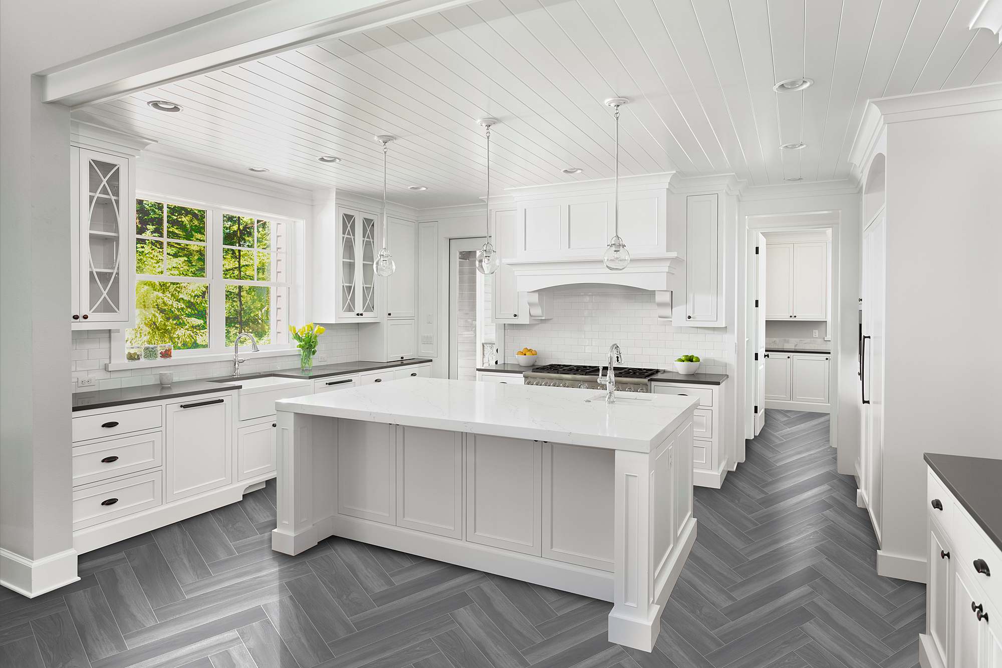 white kitchen gray herringbone pattern floor resilient flooring options responsible environment lasting durable flooring options