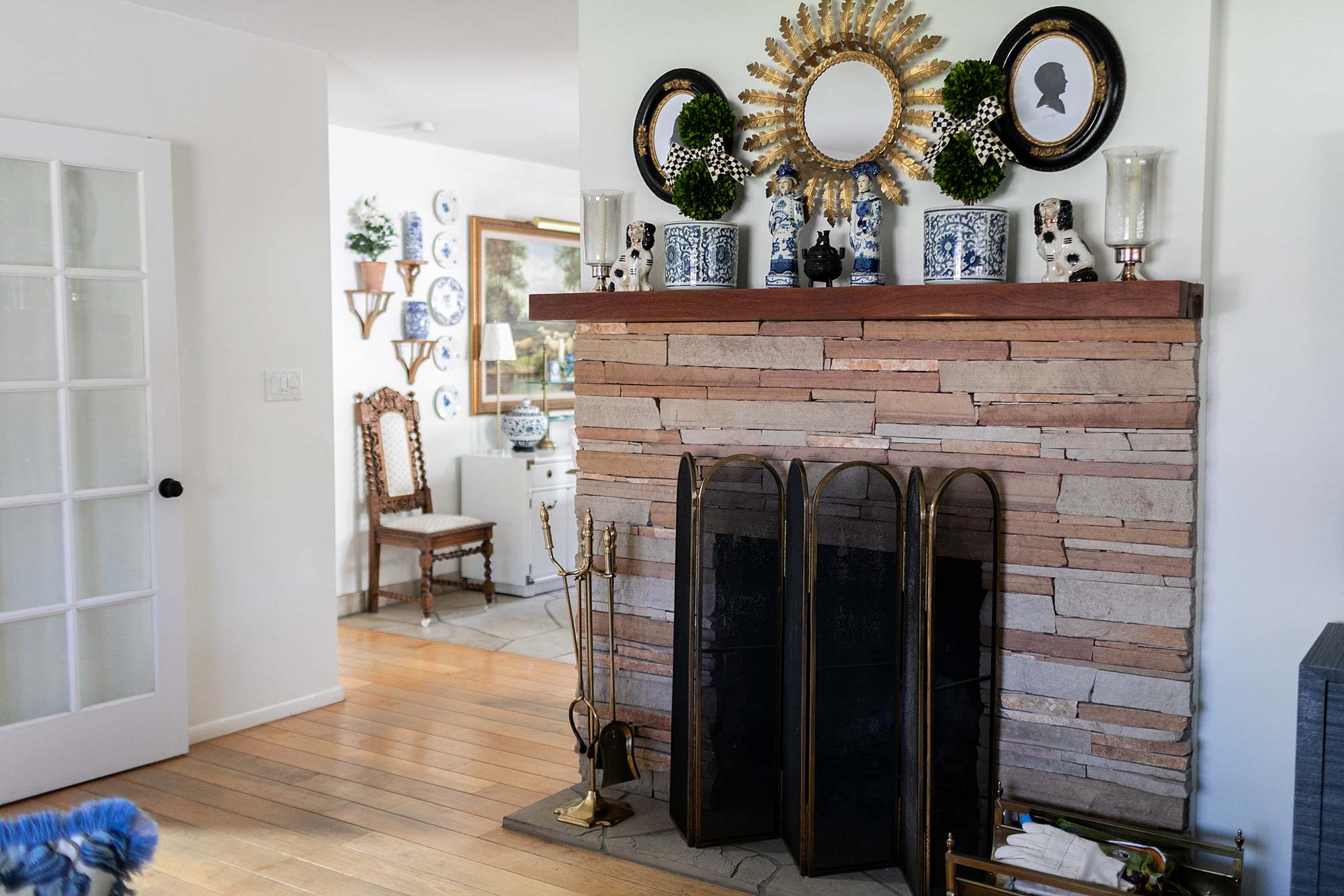 grandmillennial style home phoenix Arizona Diana Elizabeth stacked stone fireplace 