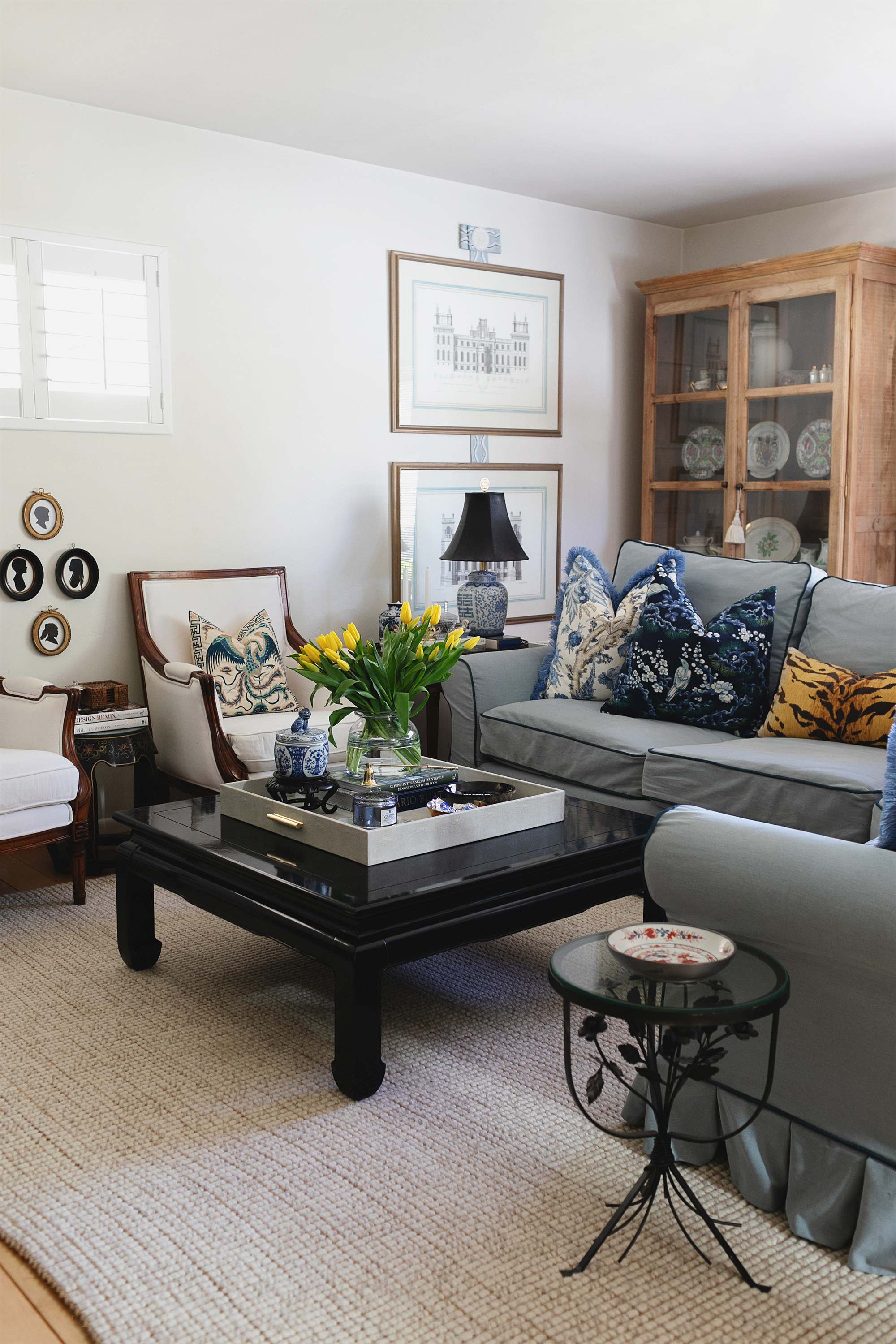how to style a large square coffee table. blue and white theme grand millennial style traditional 