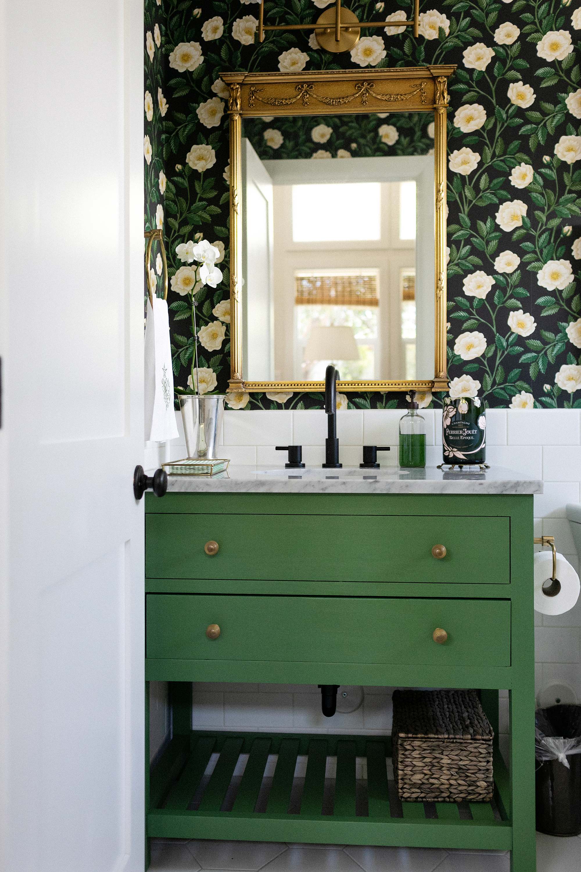 Cole and son wallpaper dark powder rooms green paint vanity 