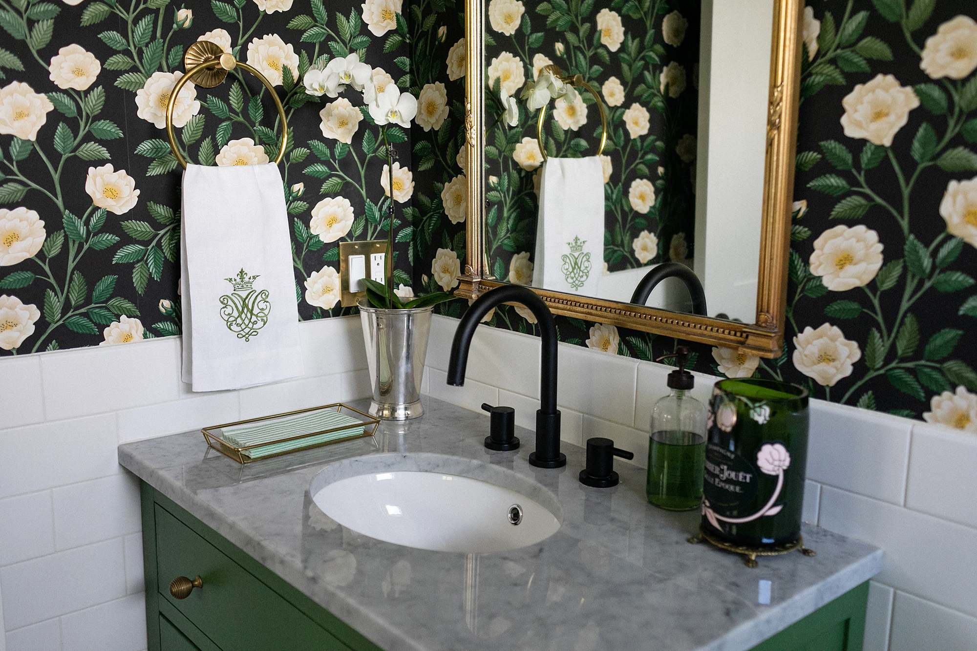Cole and son Hampton rose floral wallpaper green vanity 