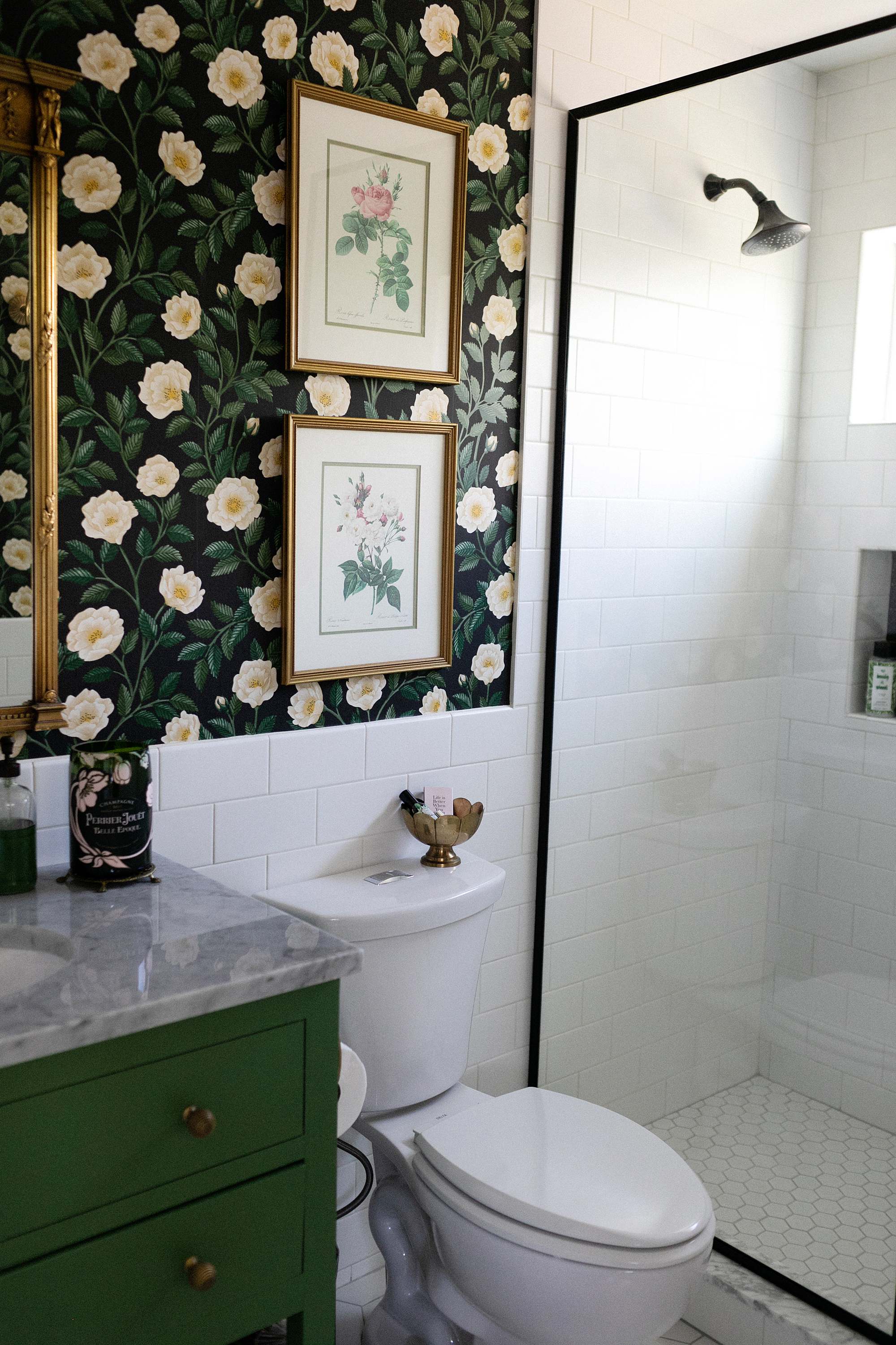 vintage rose prints on Cole and son Hampton roses wallpaper, green painted vanity