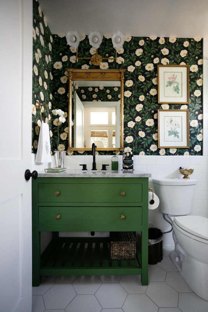 Greenfield green sherwin Williams green paint Diana Elizabeth powder room guest bath - cole and sons Hampton roses wallpaper