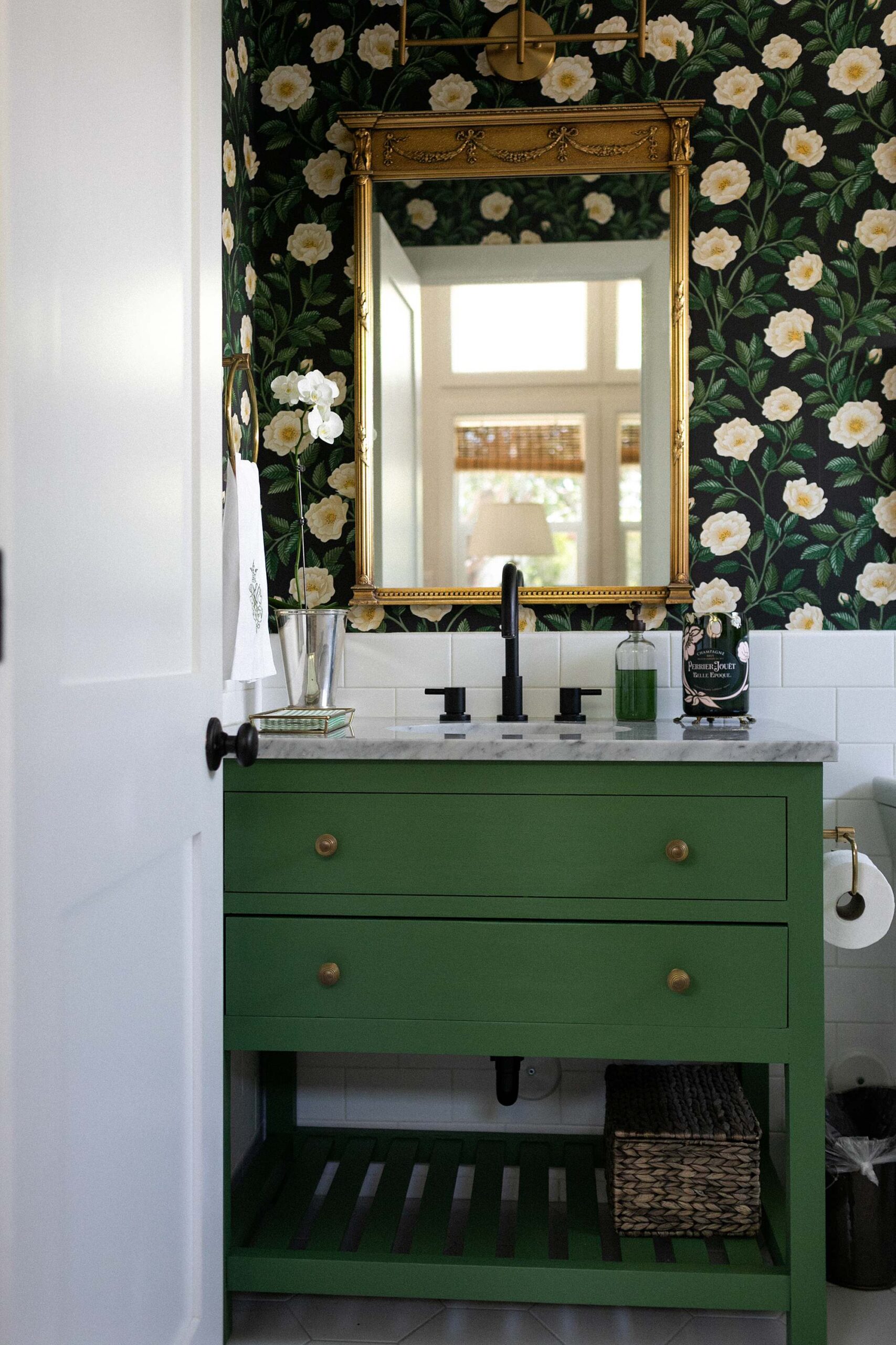 Cole and son wallpaper dark powder rooms green paint vanity