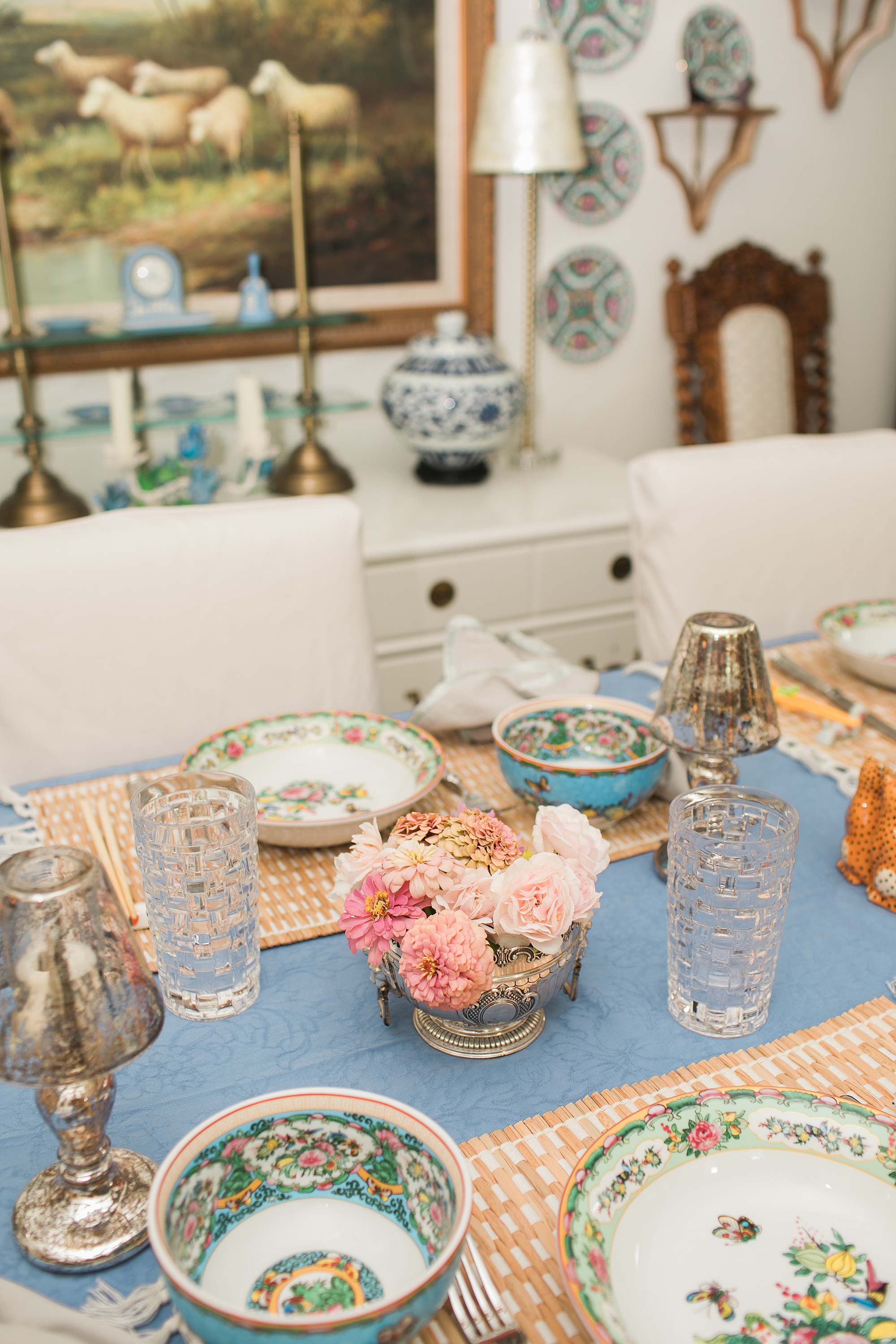 grandmilennial tablescape can I eat off rose medallion table tea light lamp