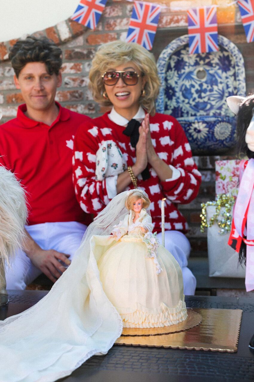 princess Diana iconic costume outfit ideas - birthday party princess Diana red sheep sweater look -- see this Princess Diana iconic costume party red sheep sweater princess Diana cake