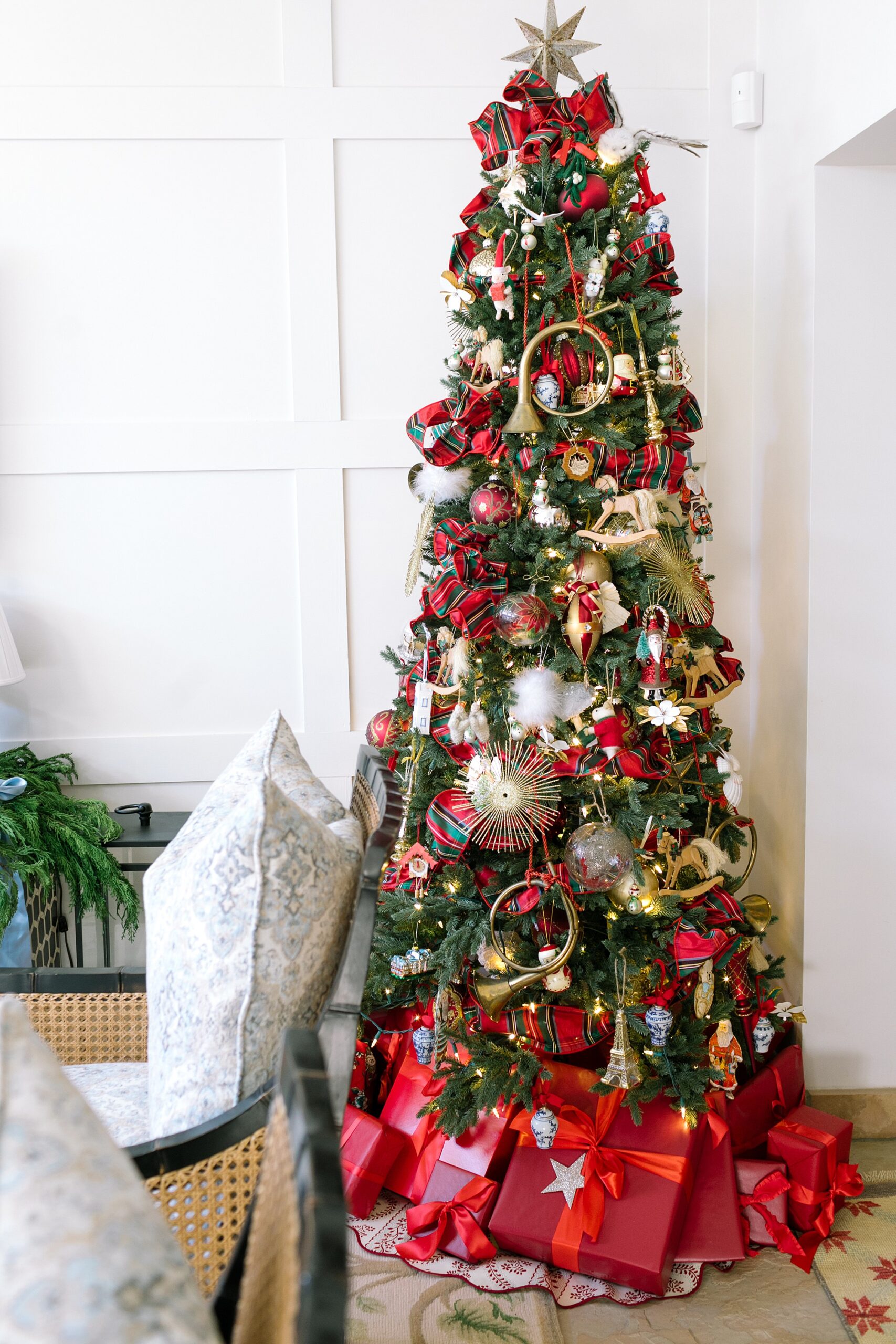 christmas tree decor red and green with Mackenzie Childs Highland ribbon 4" in grandmillennial style home blogger