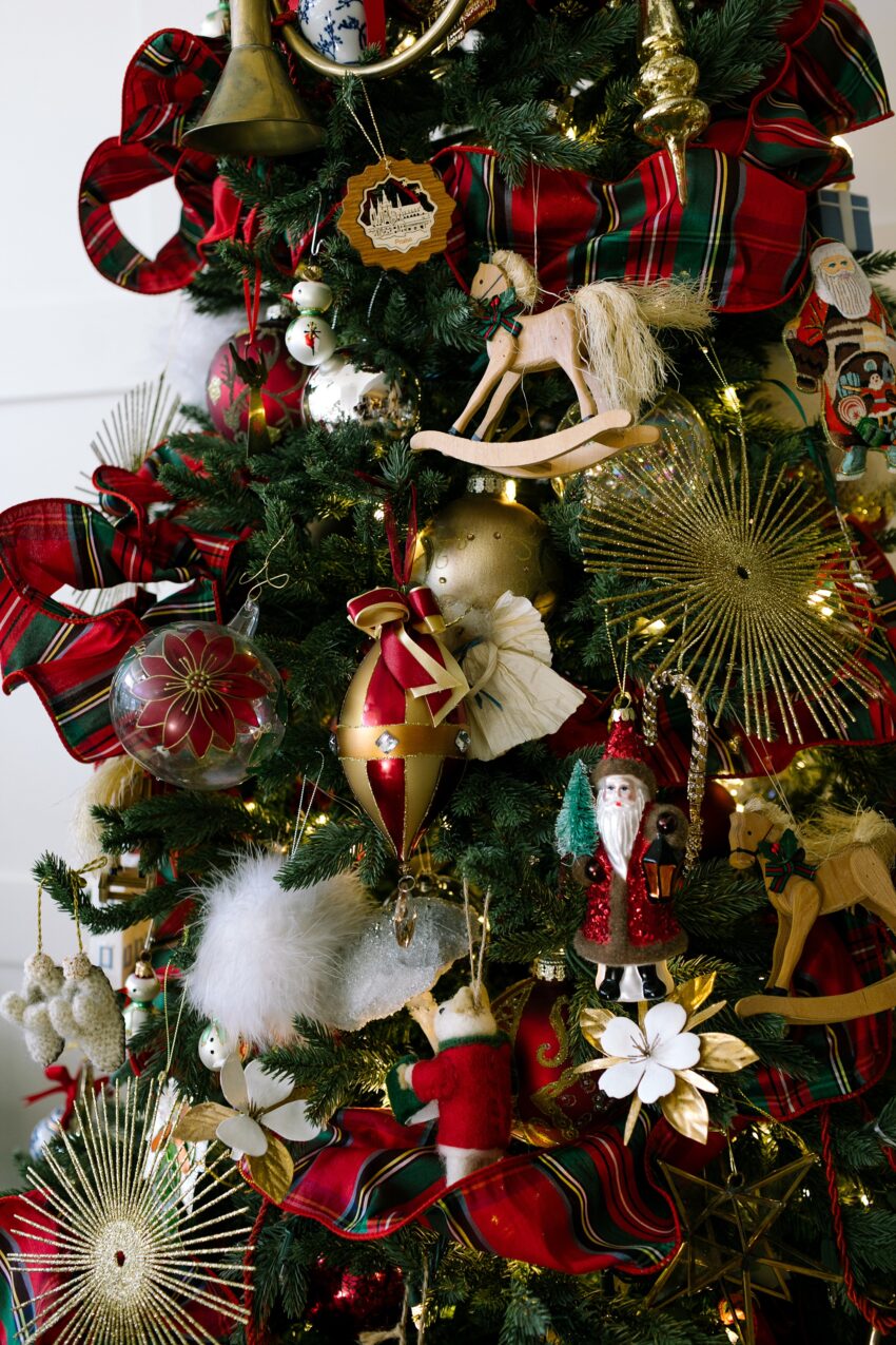 christmas tree decor red and green with Mackenzie Childs Highland ribbon 4" in grandmillennial style home blogger