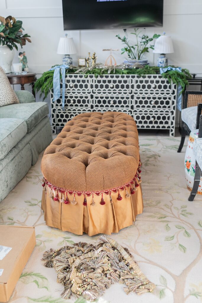 Ottoman before and after from Facebook marketplace, a gold tufted with pleats and tassel trim! Grandmillennial style living rom Mario buatta inspired