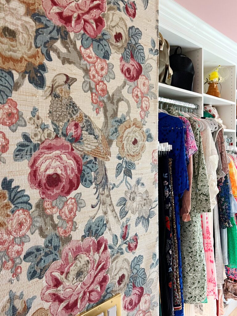 how to wallpaper and what is the best -- removable or traditional? All the wallpaper tips 101 on the blog. Pictured: Lee Jofa Avalon grasscloth wallpaper in master closet dressing room on dianaelizabethblog.com