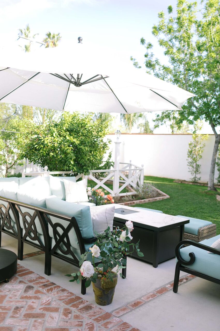 outdoor patio furniture durable beautiful grand millennial traditional style spa blue best outdoor furniture - Paddy O' - backyard is in Phoenix Arizona English garden style belonging to lifestyle blogger Diana Elizabeth