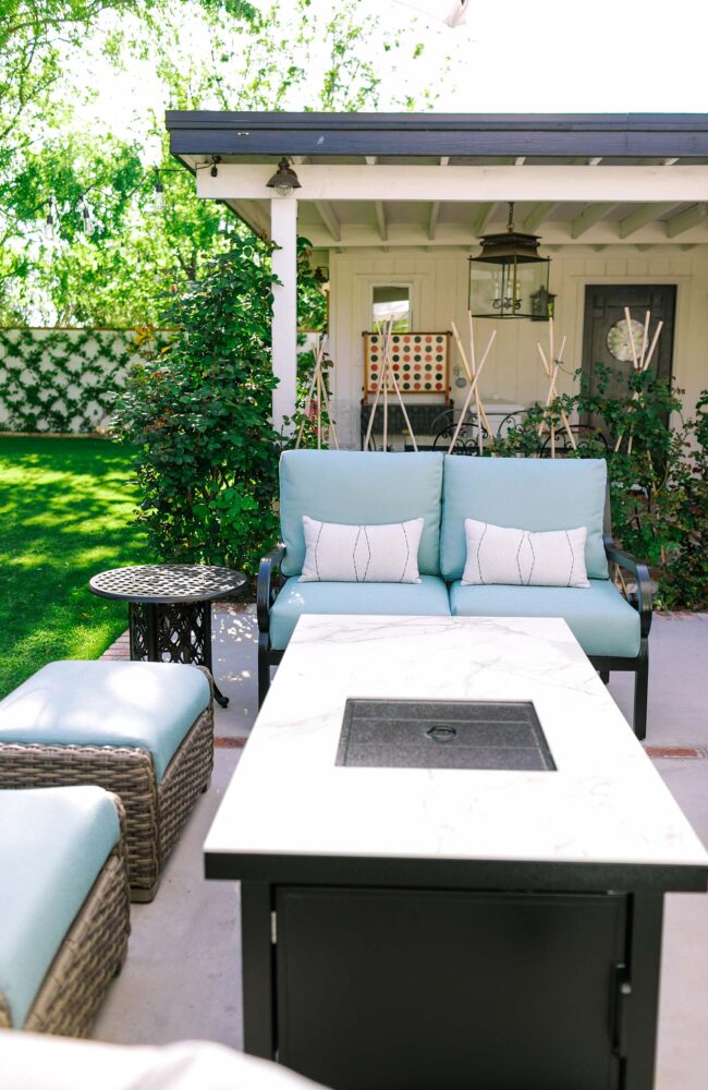 outdoor patio furniture durable beautiful grand millennial traditional style spa blue best outdoor furniture - Paddy O' - backyard is in Phoenix Arizona English garden style belonging to lifestyle blogger Diana Elizabeth