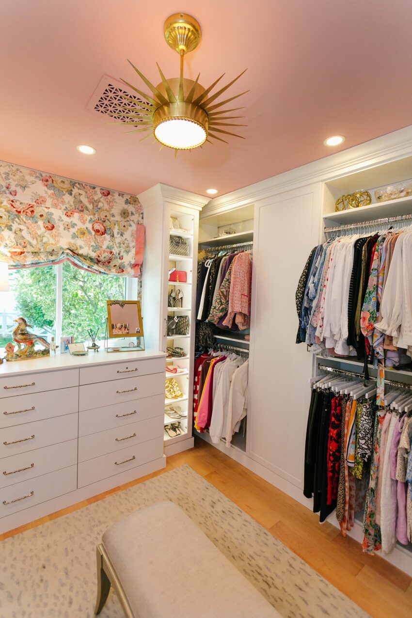 Closet design ideas. pink ceiling designer lee sofa wallpaper Lee Jofa Avondale grasscloth wallpaper and matching roman shade - a beautiful classy dressing room feminine, sophisticated, walk-in-closet idea.
