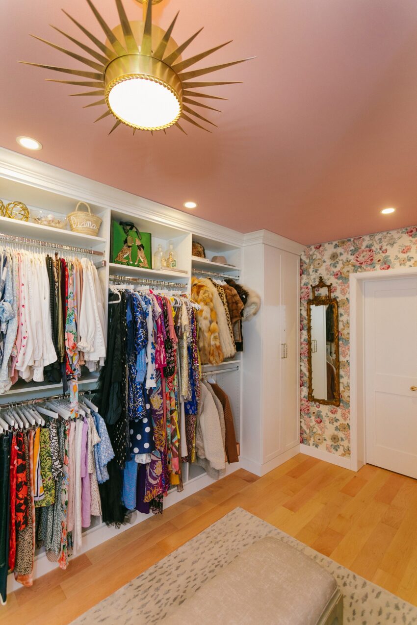 Closet design ideas. pink ceiling designer lee sofa wallpaper Lee Jofa Avondale grasscloth wallpaper and matching roman shade - a beautiful classy dressing room feminine, sophisticated, walk-in-closet idea.