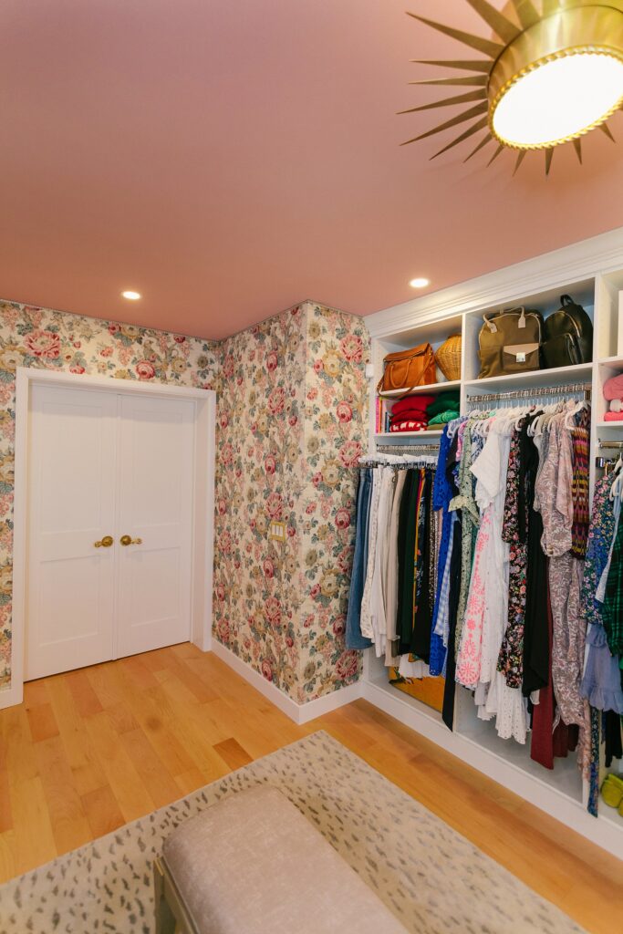 Closet design ideas. pink ceiling designer lee sofa wallpaper Lee Jofa Avondale grasscloth wallpaper and matching roman shade - a beautiful classy dressing room feminine, sophisticated, walk-in-closet idea.
