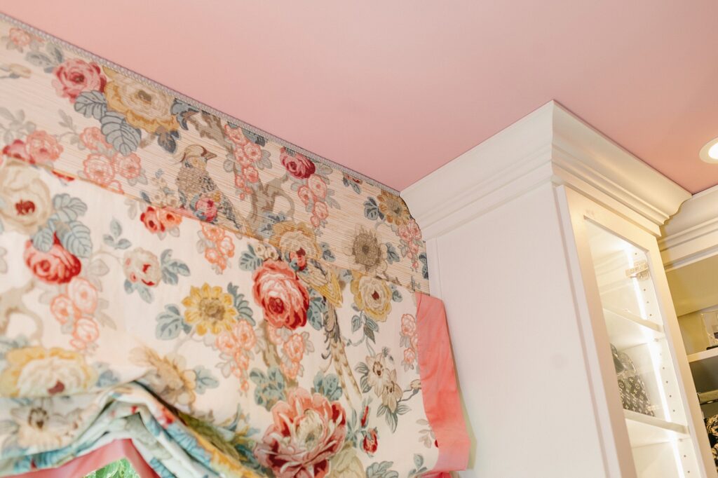 pink ceiling designer lee sofa wallpaper Avondale grasscloth wallpaper and matching roman shade - a beautiful classy dressing room feminine, sophisticated, walk-in-closet idea.