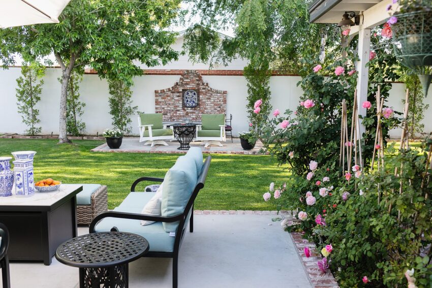 outdoor patio space Paddy O bliss spa cushions phoenix Arizona grandmilennial backyard decor zone 9b garden