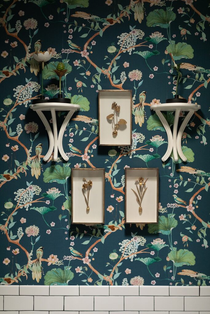wood wall brackets, metal flowers in frames, toile flowers
