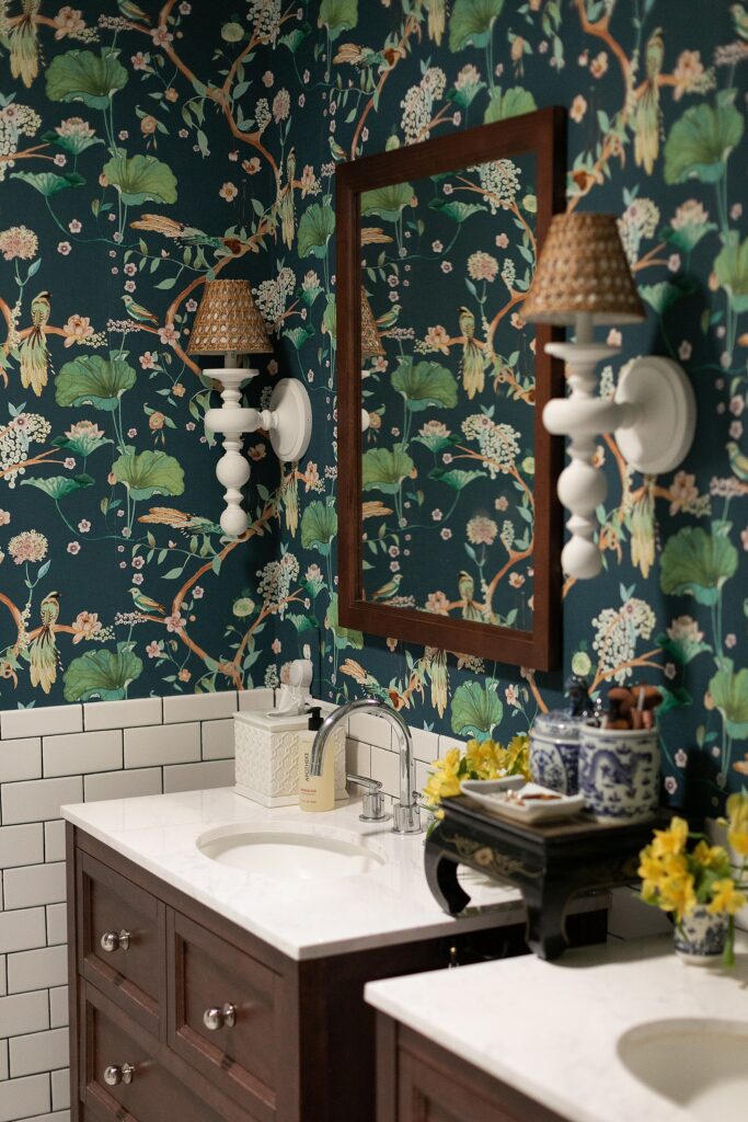botanical prints above toilet/ Brewster Home Fashions Asa Whimsical Trail Blue Wallpaper / blue moody vinyl botanical bird wallpaper