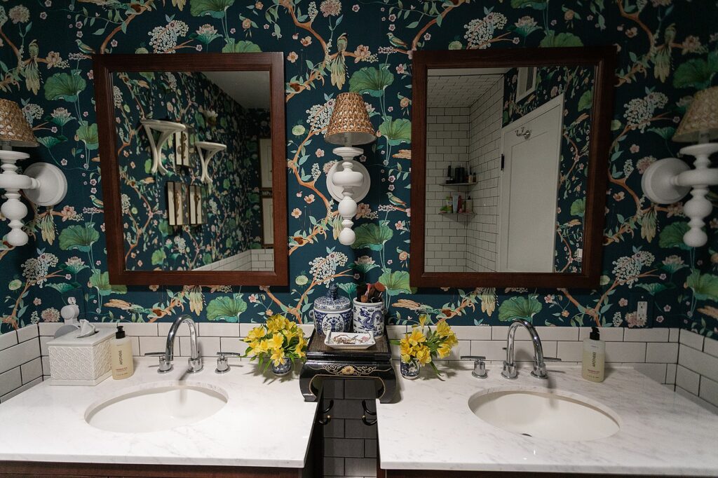 Blue floral vinyl wallpaper makeover rattan bathroom sconce shades
