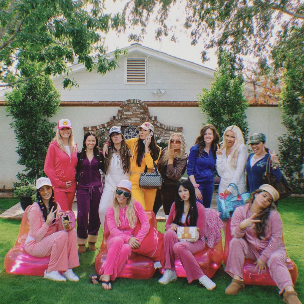 Juicy Couture Y2k themed birthday party friends in velour sets