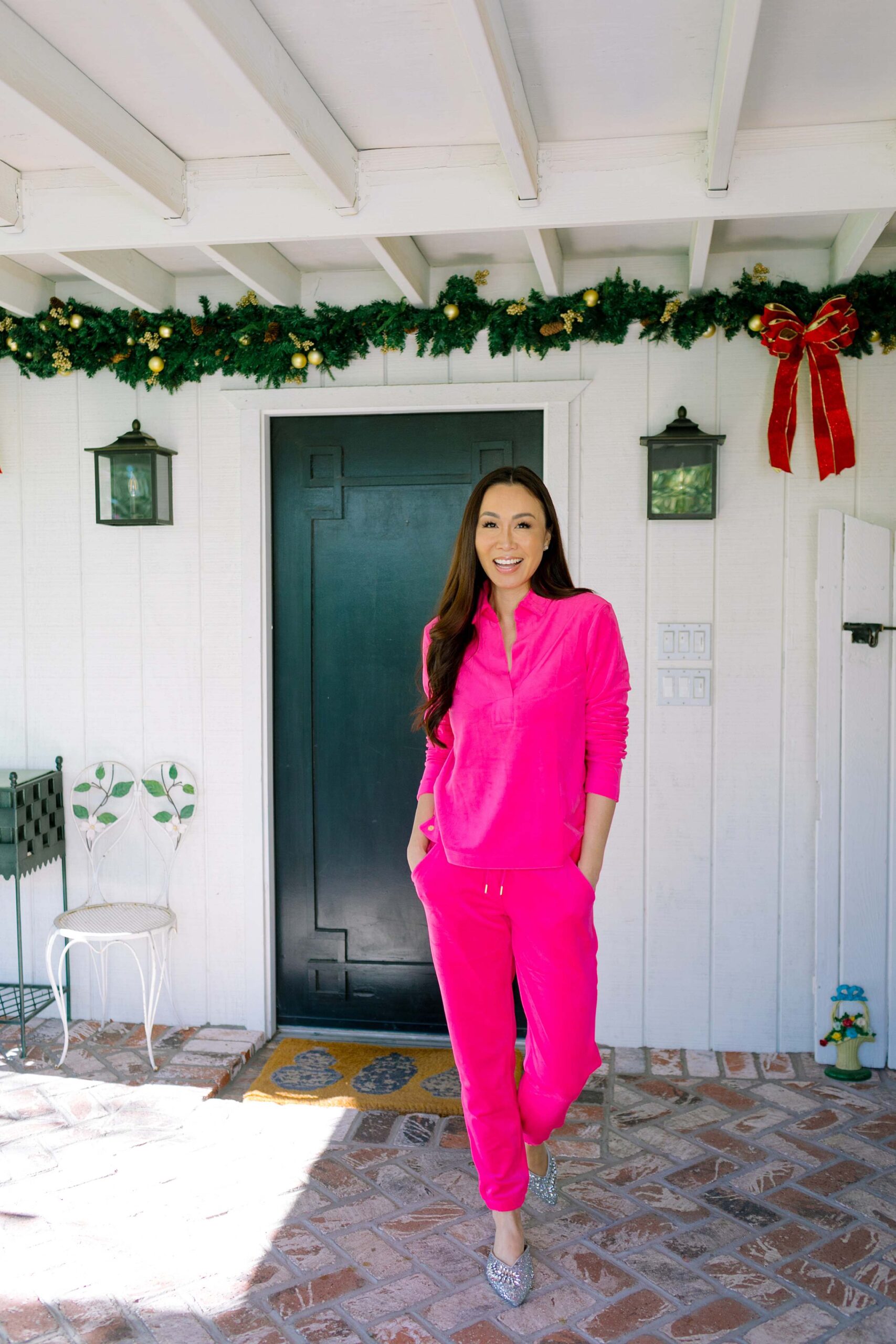 bright hot pink velour adult friendly high waist velour pant tracksuit